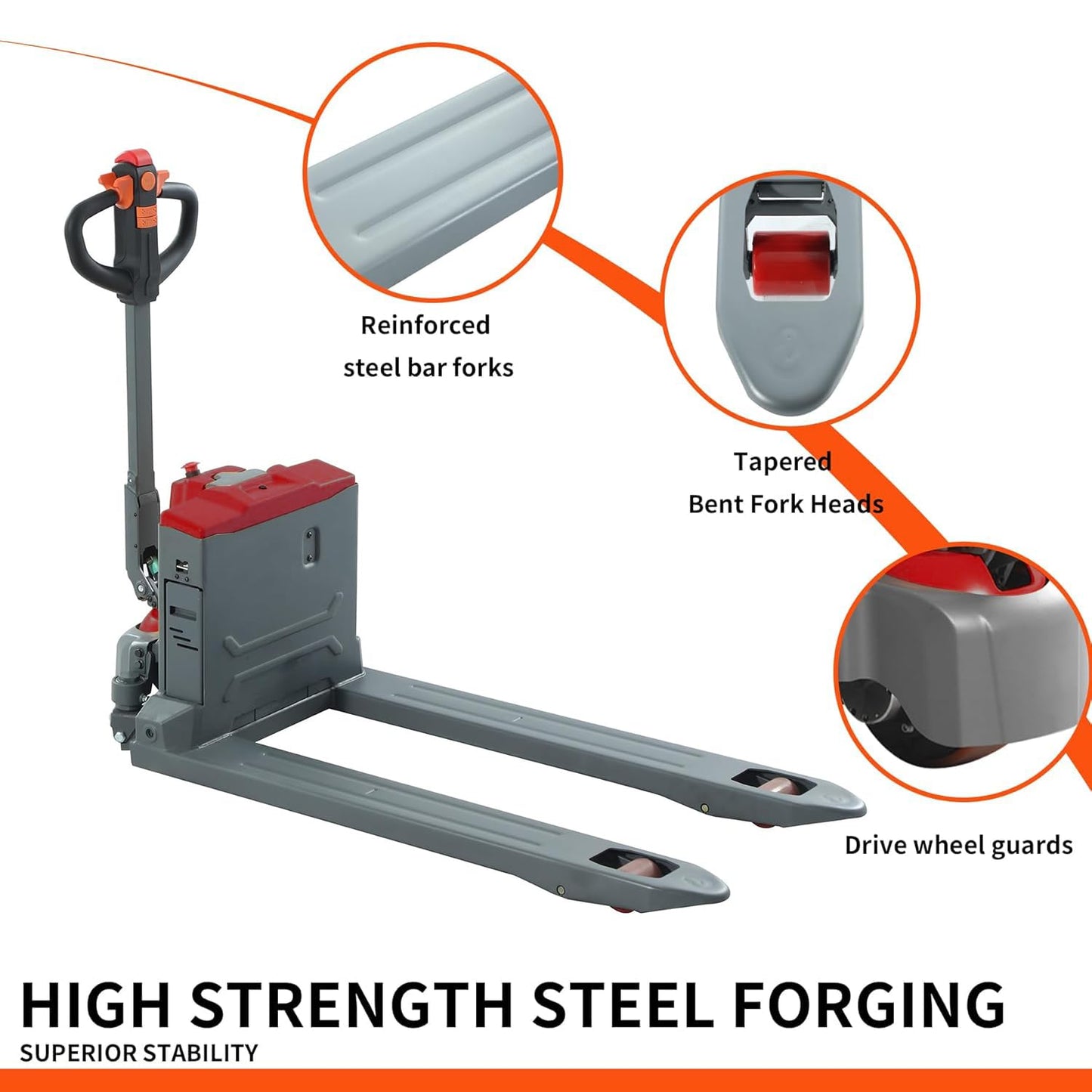 Tory Carrier Electric Pallet Truck 4400 Lb. Cap. Heavy Duty Pallet Jack 48 x 27 Forks Size Big Capacity Li-ion Battery-Red