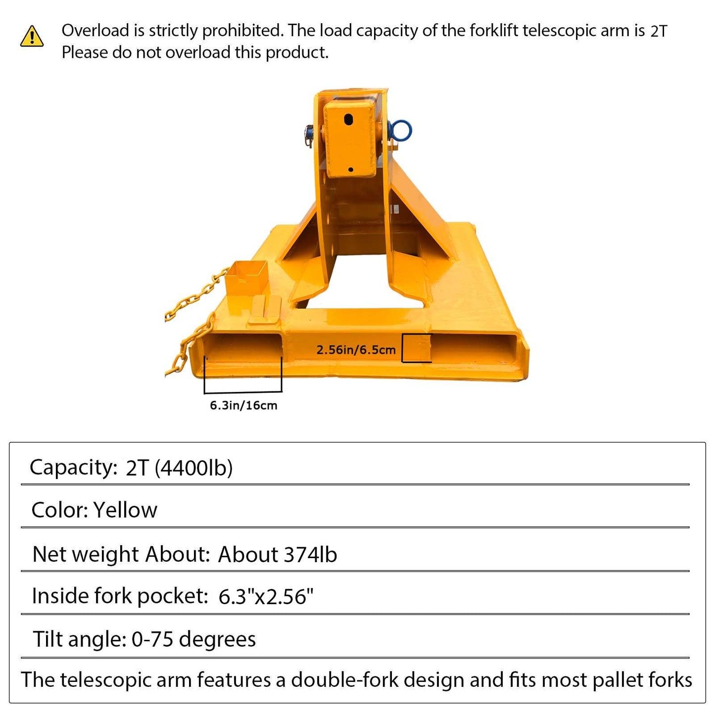 JARYANNIX Forklift Jib Boom Crane, 2T 12ft Forklift Mobile Crane with 2 Hooks Hoist, 0-75° Adjustable Tilt, for Towing Handling Equipment, Adjustable Telescopic Booms Attachments
