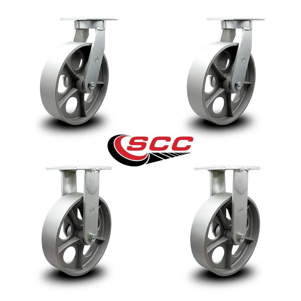 Extra Heavy Duty Kingpinless 10” x 3” Semi Steel Cast Iron Swivel Caster Set for Cranes, Gantries, Hoists, and Winches-2 Swivel and 2 Rigid Casters-2,500 lbs Per Caster-Set of 4 - Service Caster Brand