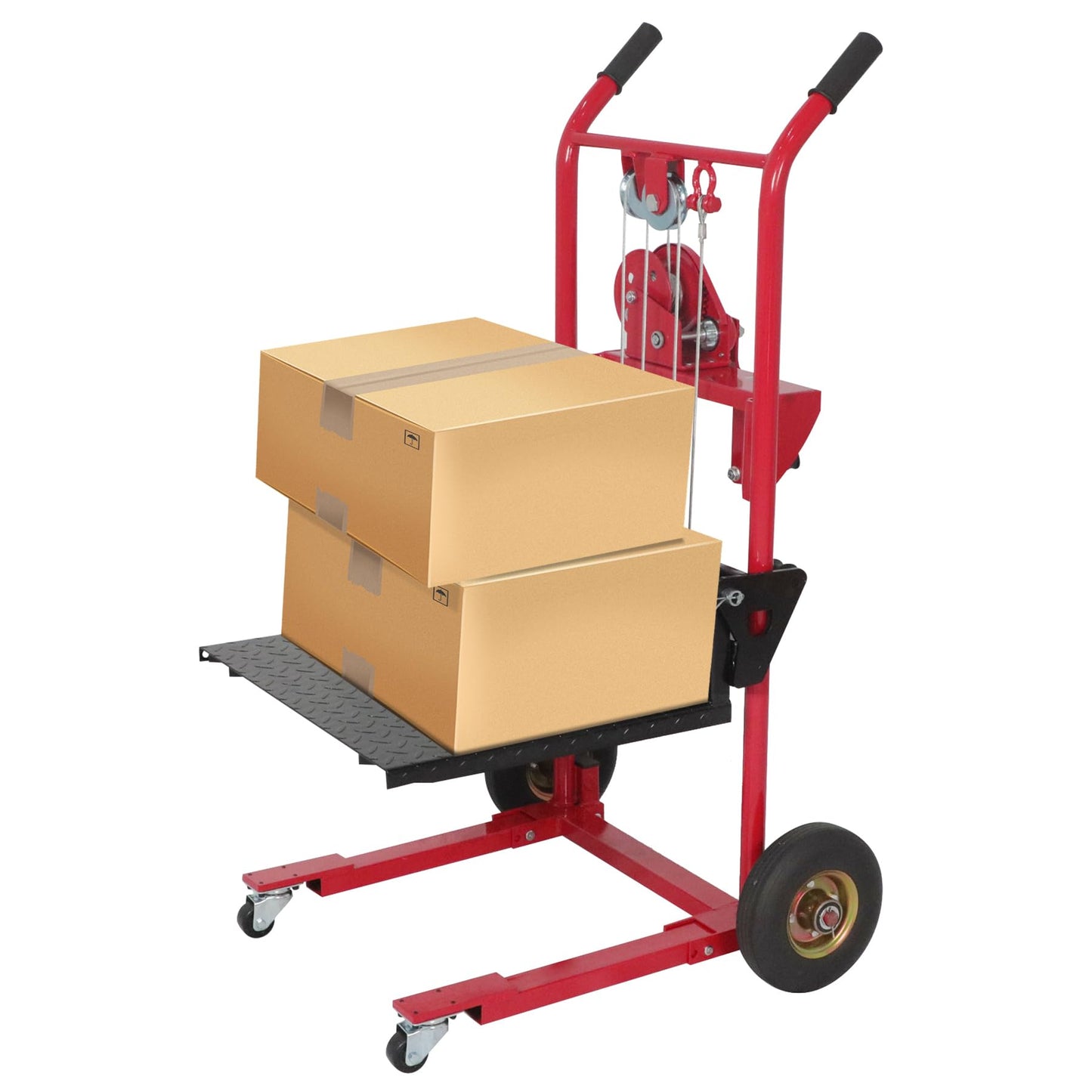 Material Lift Winch Stacker, 440 lbs Capacity Table Cart, 35.4" Lifting Height Manual Forklift Stacker, Pallet Jack Truck Dolly with Swivel Casters and Lift Plate (Red)