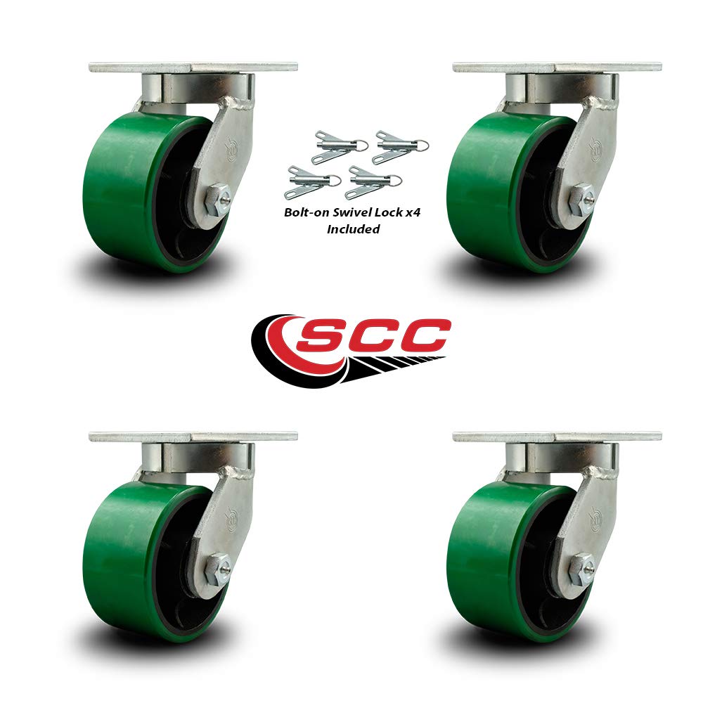 Extra Heavy Duty 6” x 3” Green Poly on Cast Iron Swivel Caster Set for Cranes, Gantries, Hoists, and Winches - 4 Swivel Casters with Bolt-On Locks -2,000 lbs Per Caster-Set of 4- Service Caster Brand