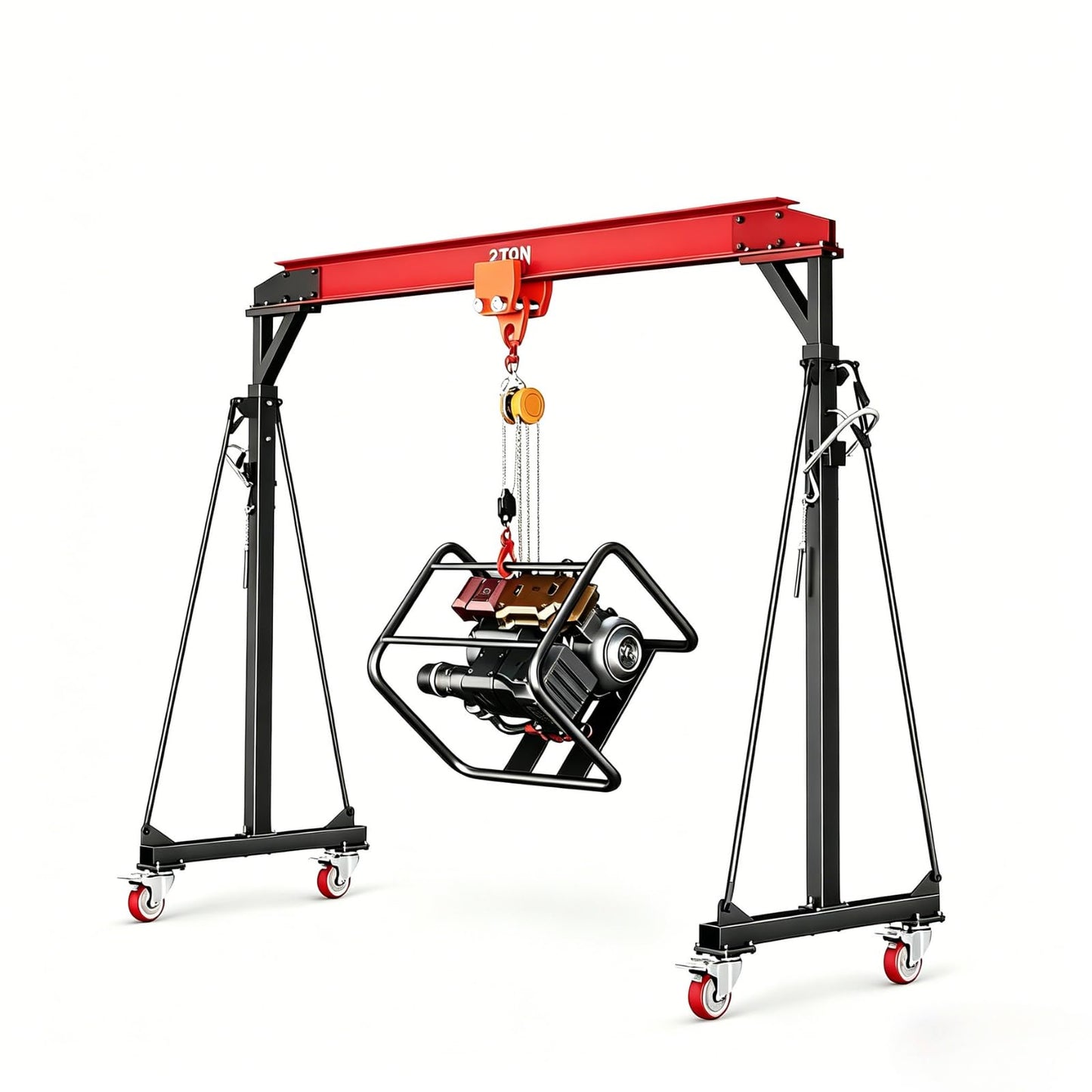 2 Ton Adjustable Height Gantry Crane with Manual Trolley, Hooks and Shackles - 4400 LBS Heavy Duty Steel Shop Crane with Locking Casters for Workshop, Garage, Warehouse