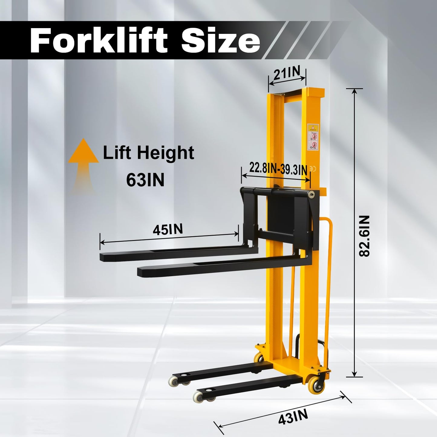 Electric Pallet Stacker 1300lbs Capacity 63 Inch Lift Height, Truck-Boardable Material Lift with Fixed Legs, Electric Forklift for Warehouses & Logistics (Width Adjustable 63" Lifting)