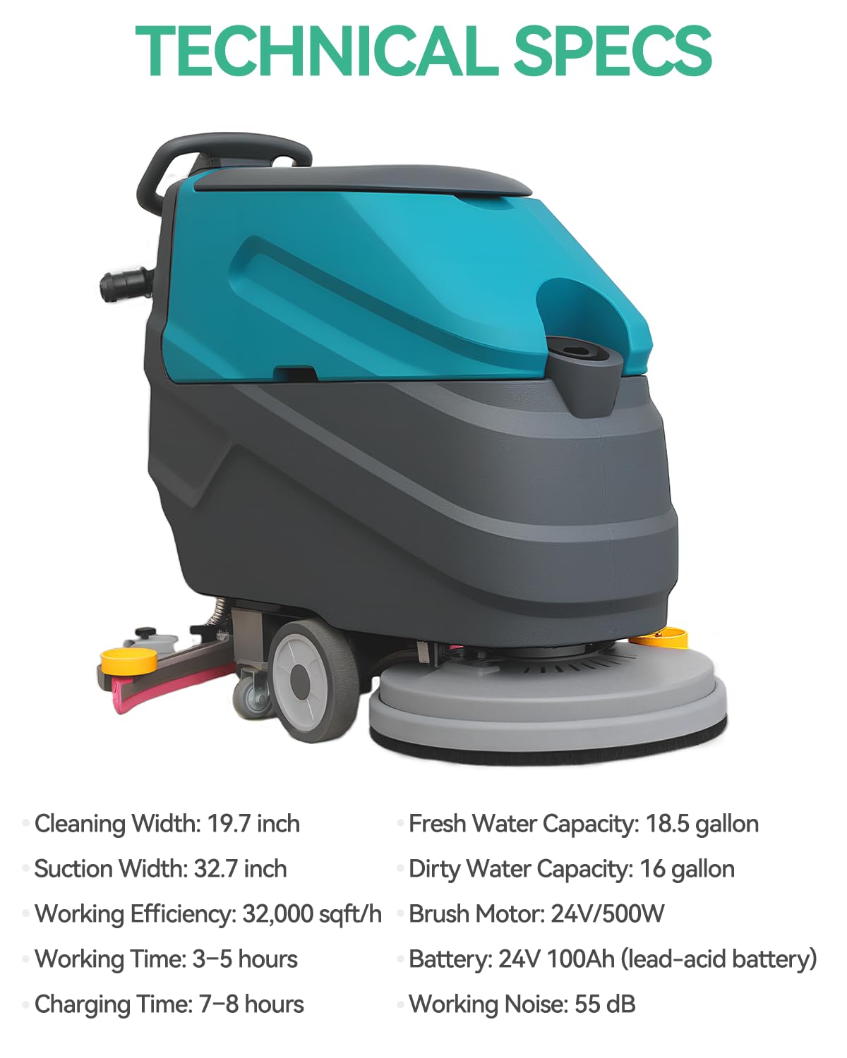 Commercial Floor Scrubber Machine Walk Behind, 22" Cleaning and 33" Suction Width, 18.5-Gal Sewage and 15.9-Gal Water Tank, 32000 Sqft/h, Cordless, Complete Set of Parts