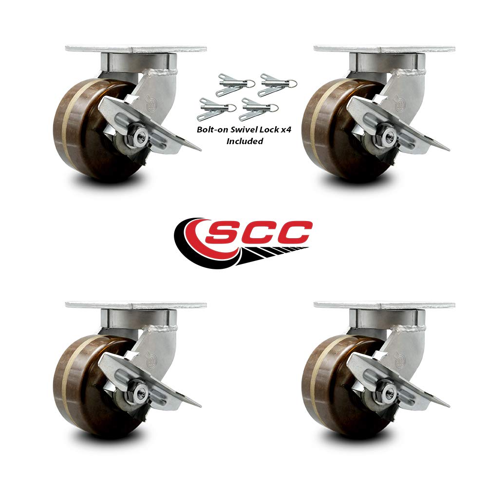 Extra Heavy Duty 6”x3” High Temp Phenolic Swivel Caster Set for Cranes, Gantries, Hoists, and Winches-4 Swivel Casters with Brakes and Bolt-On Locks-2,000 lbs Per Caster–Set of 4-Service Caster Brand