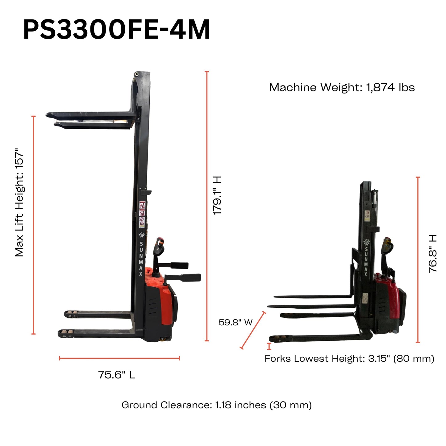 SUNMAX Electric Straddle Stacker, 3300 lbs Capacity, 157 inch Lift Height, Steel Frame, Red and Black