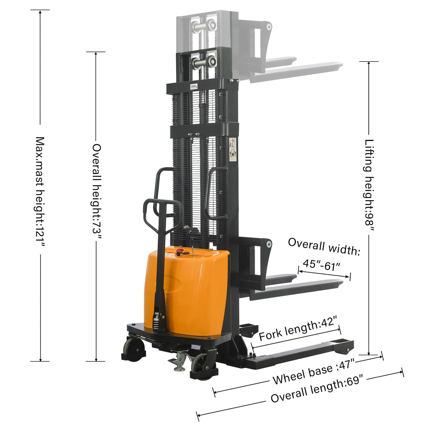 Semi-Electric Pallet Stacker for Warehouse, Factory & Industrial Use - 2200LB Capacity, 118" Lift Height, Heavy-Duty Straddle Leg Design with Adjustable Forks