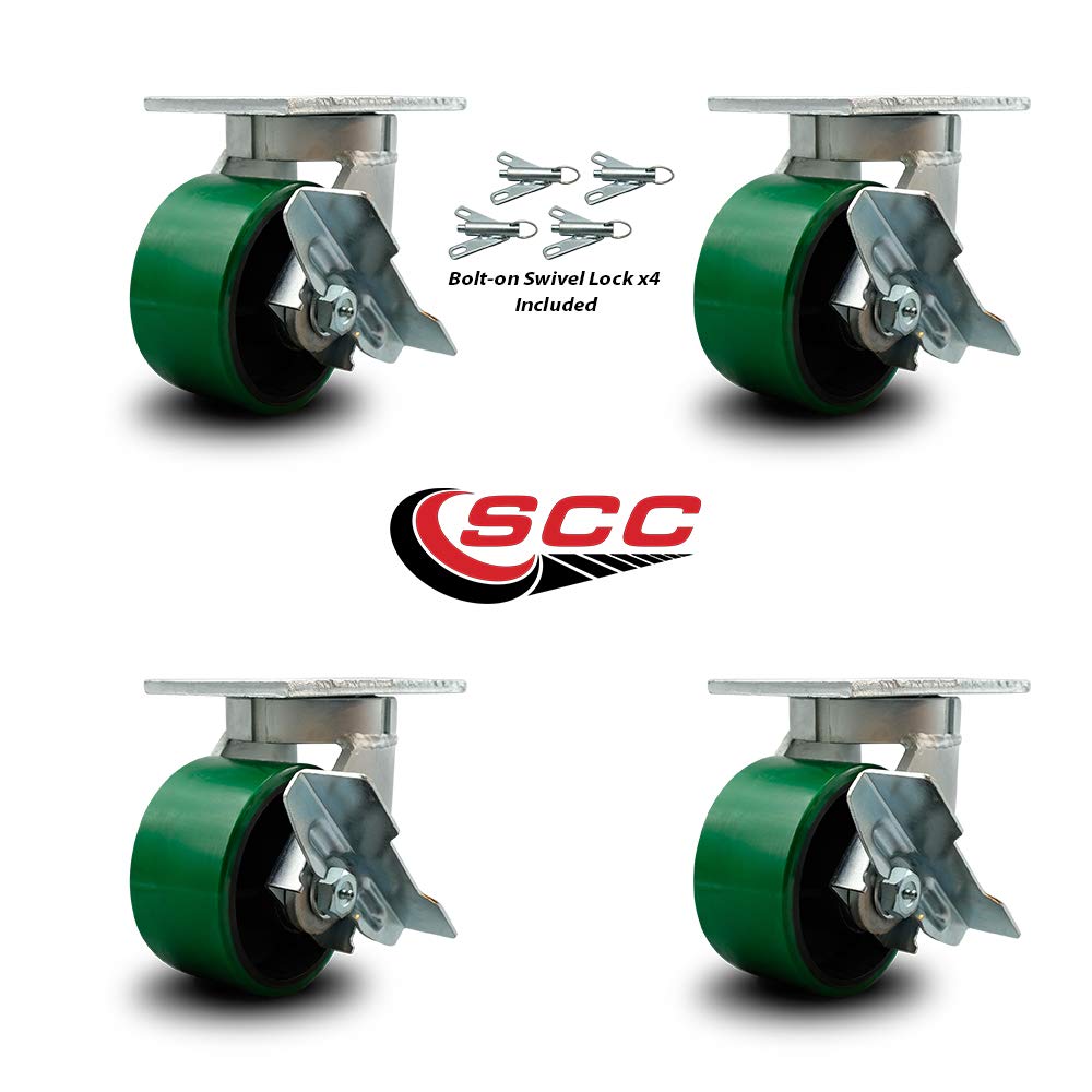 Extra Heavy Duty 6” x 3” Green Poly on Cast Iron Swivel Caster Set for Cranes, Gantries, Hoists, and Winches-4 Swivel with Brakes and Bolt-On Locks-2,000 lbs Per Caster-Set of 4- Service Caster Brand