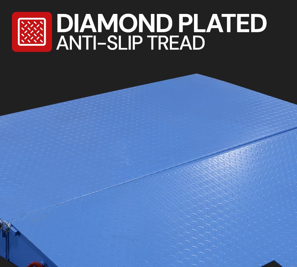 Mytee Products 71" x 88" Heavy Duty Foldable Shipping Container Ramp with Safety Chain & D Shackle - 14,000 Lbs WLL for Forklift & Hand Truck - Blue