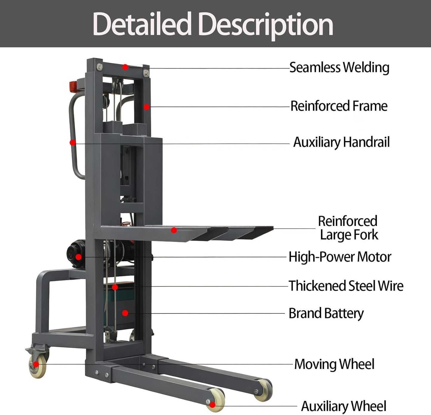 Electric Pallet Stacker Forklift, 661lbs Capacity, Adjustable Forks, 1.6m Lift Height, Manual Pallet Truck Dolly for Industrial Warehouse, Heavy-Duty Material Handling Gray 1.2m Lifting Height
