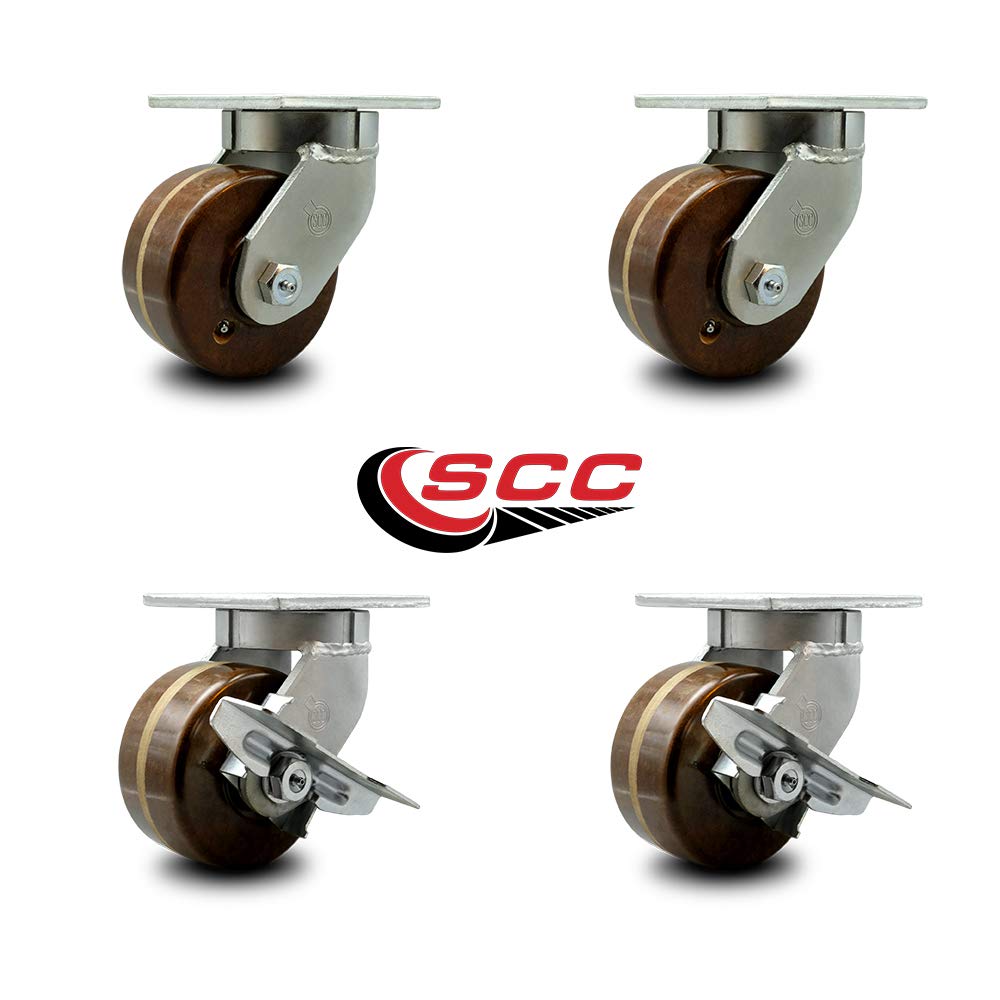 Extra Heavy Duty Kingpinless 6” x 3” High Temp Phenolic Swivel Caster Set for Cranes, Gantries, Hoists, and Winches-4 Swivel with 2 Side Lock Brakes-2,000 lbs Per Caster–Set of 4-Service Caster Brand
