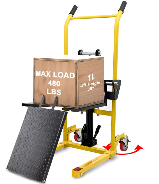 Schupethauer Foldable Hydraulic Material Lift, Pallet Jack Table Cart- 480-Lb. Capacity, 35in Lift. with Swivel Wheels, Steel Platform Board x 1