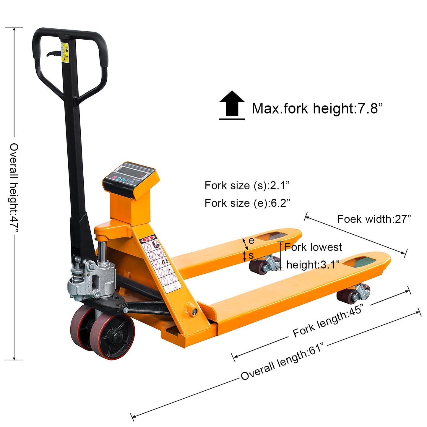 Kaixun Pallet Jack Scale, 6600lbs Capacity, 45" x 27" Forks, LCD Display, Lb/Kg Switchable Hand Pallet Truck With Electronic Scale, PU wheels, 0.1% Accurate, High Capacity for Warehouse and Industrial