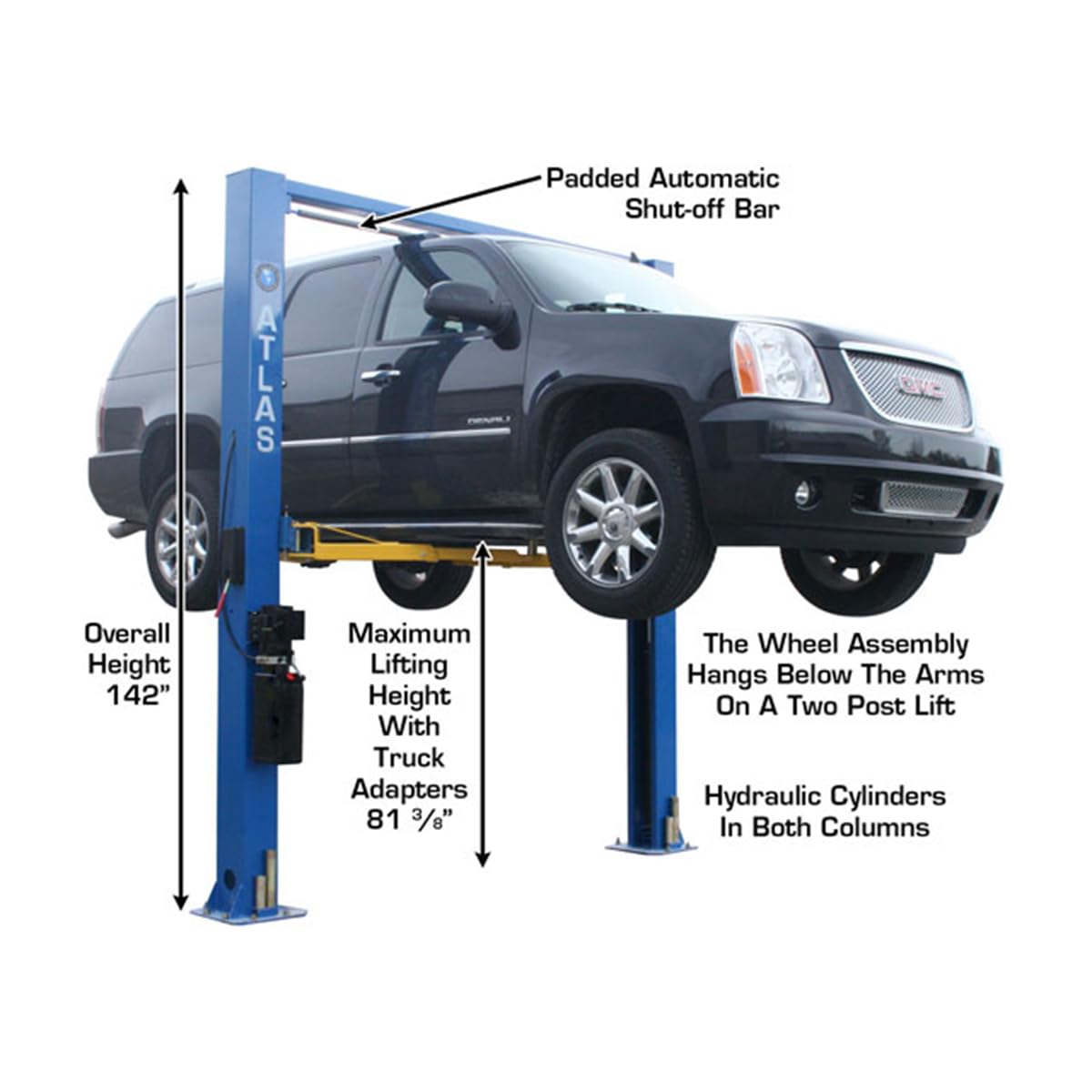 Atlas Automotive Equipment 9OHSC-SS 2-Post Vehicle Overhead Lift, 11’9” Minimum Ceiling Height, 9,000lb Capacity, Clear Floor, 11'10" Height, 3-Stage Front and 2-Stage Rear Arms, for DIY/Hobbyists