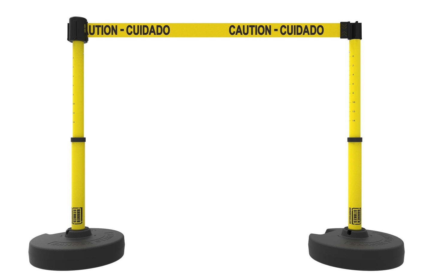 Banner Stakes Crowd Control Plus Cart Package & Accessory Tray, 75' Total Retractable Belt Barrier System - 5 Telescoping Stanchions w/ 15' Yellow "Caution - Cuidado" Banners (PL4002T)
