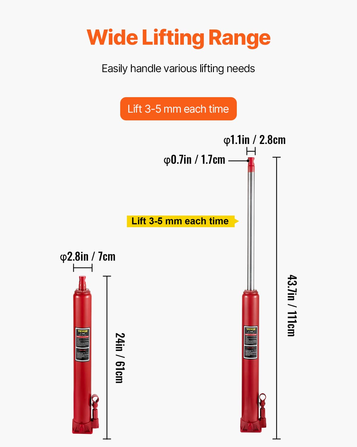 VEVOR 4 Ton Hydraulic Long Ram Jack, Cherry Picker Ram with Single Piston Pump, Manual Engine Hoist Cylinder with Handle and Flat Base, for Garage & Engine Lifting, Red