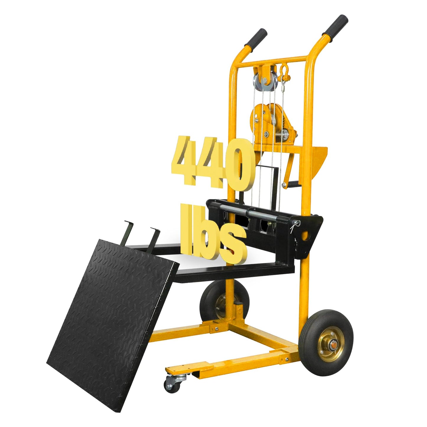 Apollo Material Lift Winch Stacker, Manual Pallet Truck Dolly 440 lbs Capacity, 35.4" Max Lift Swivel Casters Lift Table, Fork Lift with Steel Platform-Yellow
