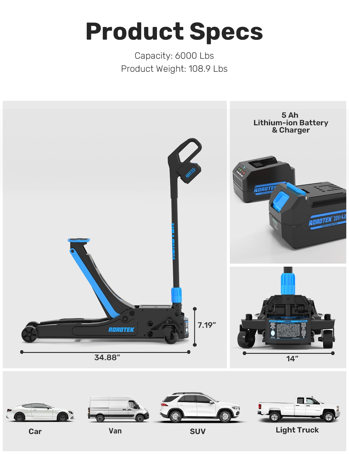 ROADTEK 3 Ton Electric Floor Jack, Low Profile Jack for Quickly Car Lift, Hydraulic Service Jack, 6000 lbs Capacity. Lifting Range 3-3/8" to 24-1/4"(Caster Wheel)