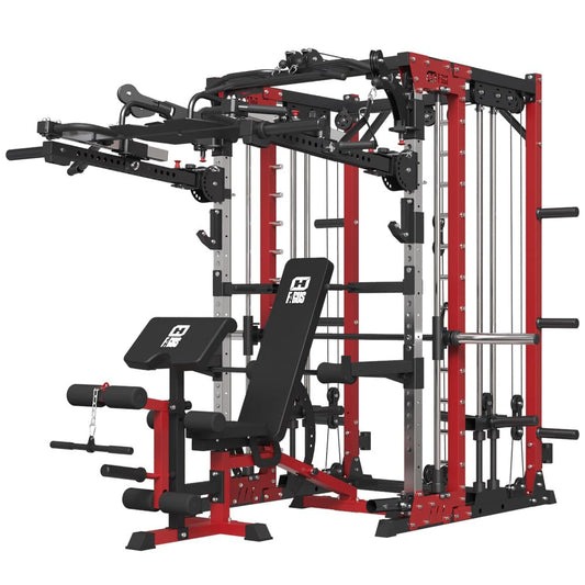 FAGUS H Commercial Smith Machine with Weight Bench Combo, 4000LB Power Cage Squat Rack with Lever Arm, Leg Press, Multi-Function Linear Bearing Cable Crossover Machine for Home Gym, Red