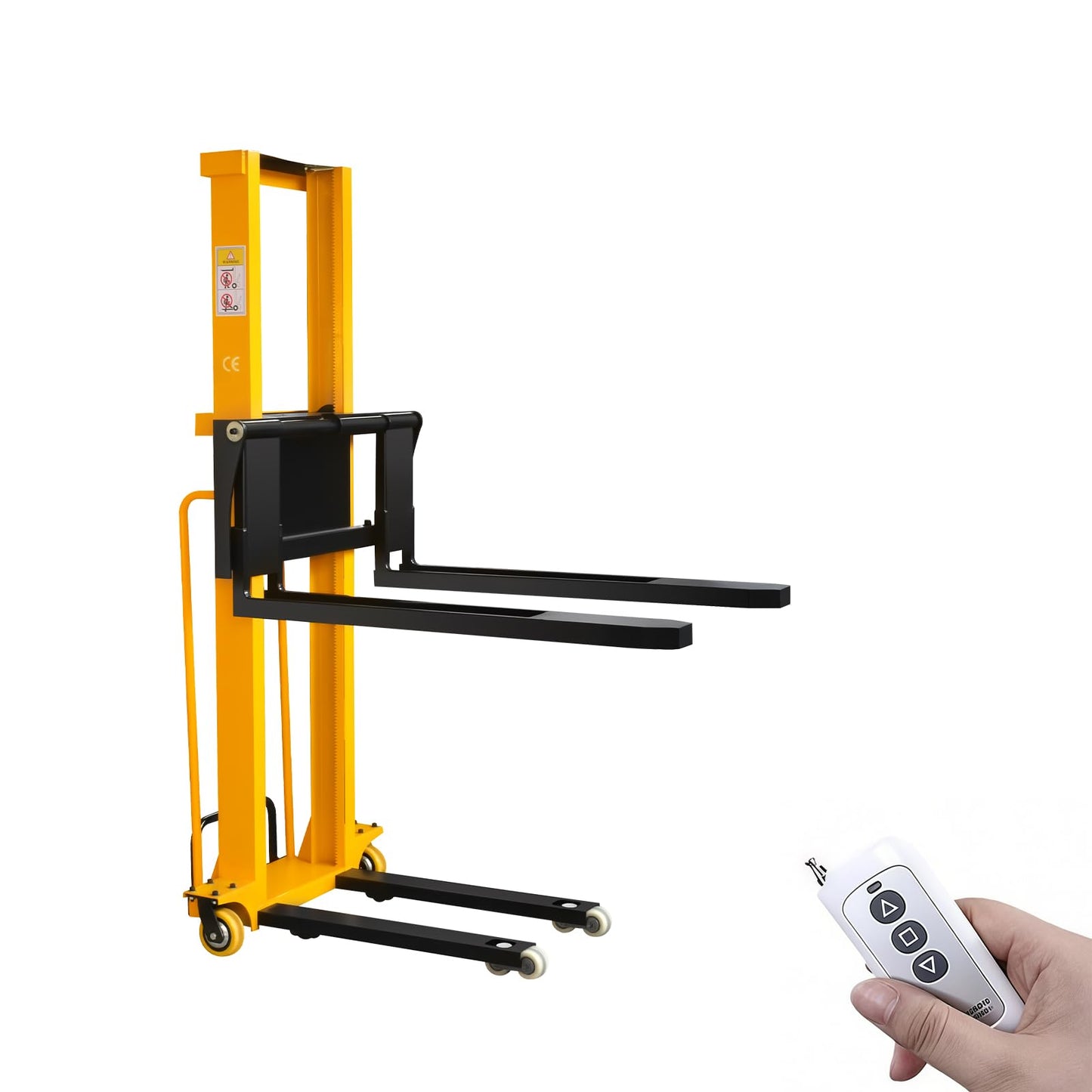 Electric Pallet Stacker 1300lbs Capacity 63 Inch Lift Height, Truck-Boardable Material Lift with Fixed Legs, Electric Forklift for Warehouses & Logistics (Width Adjustable 63" Lifting)