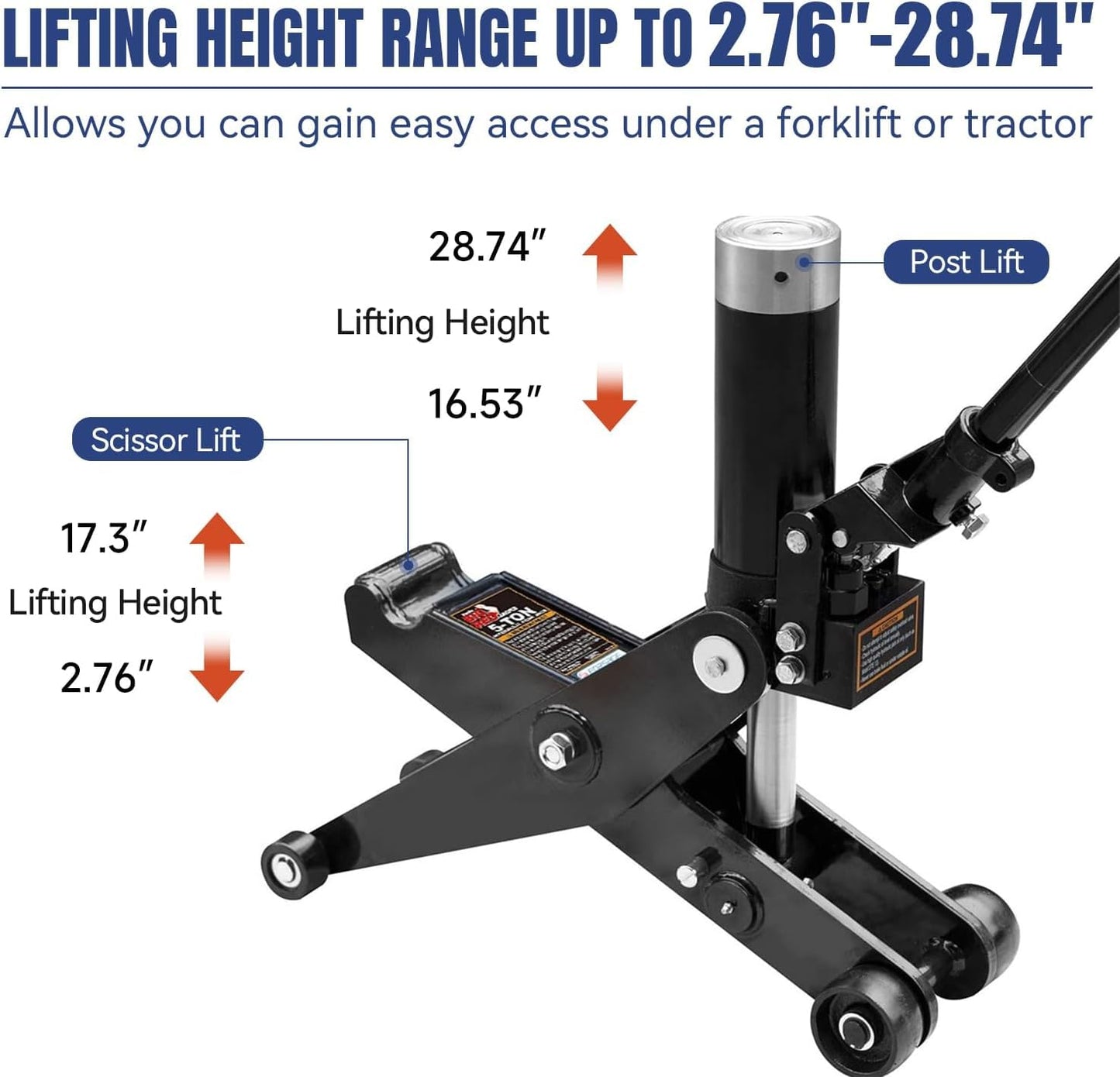 MutsMover 5 Ton Hydraulic Forklift Jack, Dual Position Heavy Duty Service Jack for Forklift & Truck Maintenance, 10,000 lb Capacity, High & Low Profile Lifting Range 2.7–28.7 in