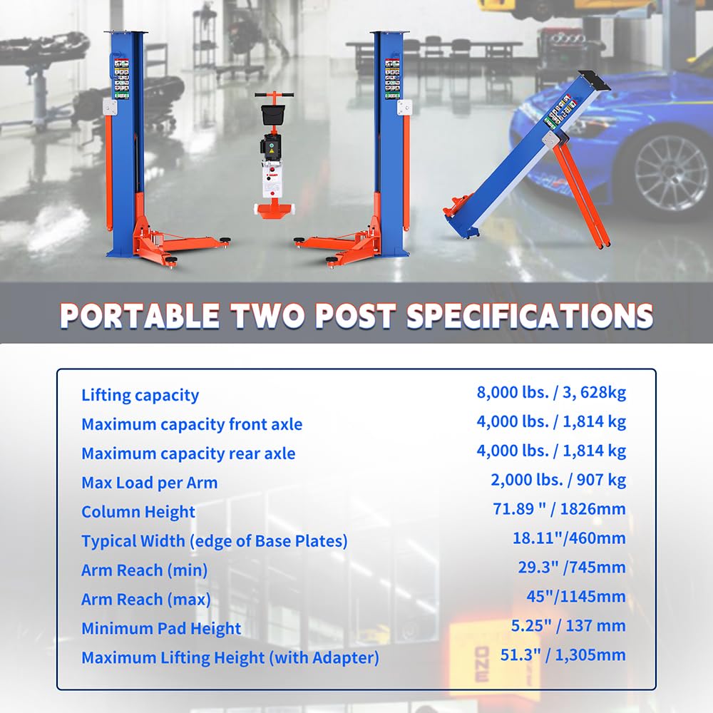 ATTACHXPRO Portable 2 Post Car Lift for Garage | 8,000 LB Auto Lift with Adjustable Columns | 220V Movable Vehicle Lift for Home & Repair Store (2 Post Car Lift)