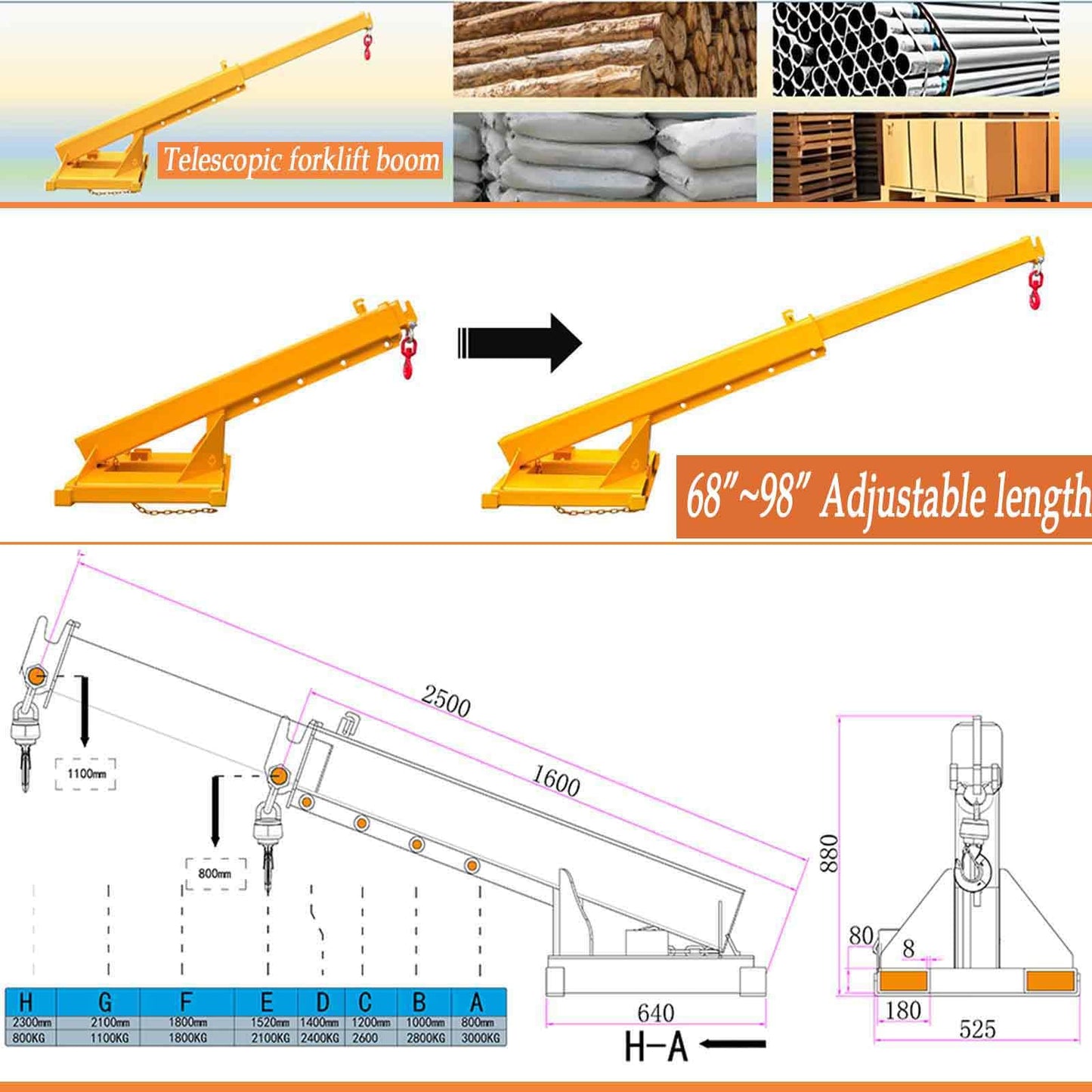 BEILOCKERY 3T/6600LBS Adjustable Mobile Crane Lifting Hoist Truss Jib Boom with Hook, 63"-98" Telescopic Arm, Multi-Functional Accessories for Forklifts Cranes
