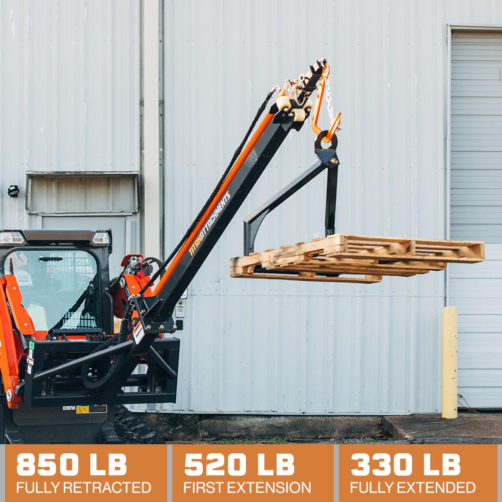 Titan Attachments Telescoping Hydraulic Truss Boom Jib Crane, Hydraulic Boom Pole Extends 26 FT, Fits Skid Steer SSQA, Lift Hay Bales, Trusses, Beams, & More, Accessories for Skid Steers