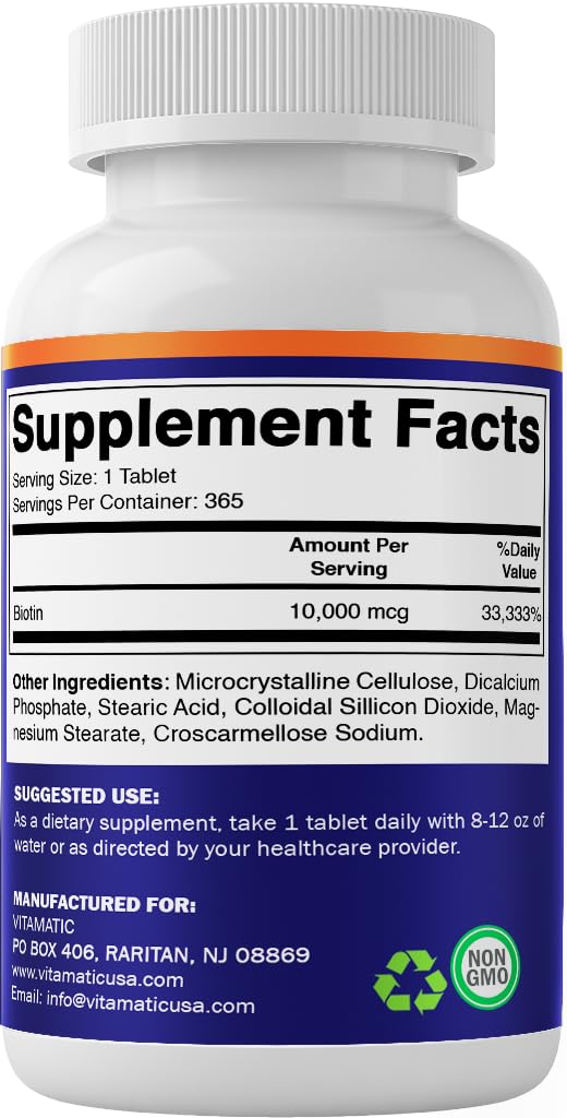 Vitamatic Biotin 10,000 mcg (10 mg) for Stronger Hair, Skin & Nails - 365 Vegan Tablets- Also Called Vitamin B7