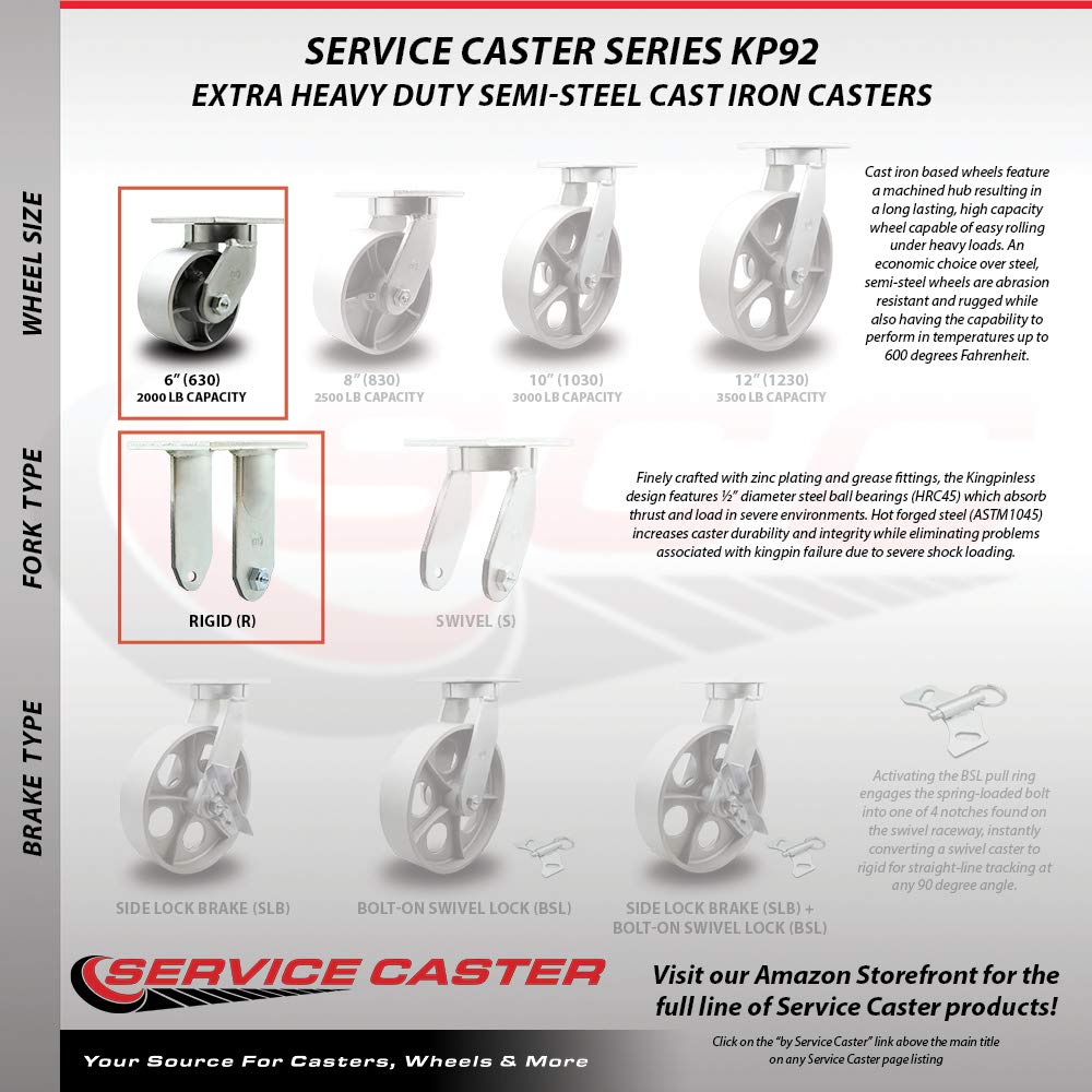 Extra Heavy Duty Kingpinless 6” x 3” Semi Steel Cast Iron Swivel Caster Set for Cranes, Gantries, Hoists, and Winches-2 Swivel and 2 Rigid Casters-2,500 lbs Per Caster-Set of 4 - Service Caster Brand