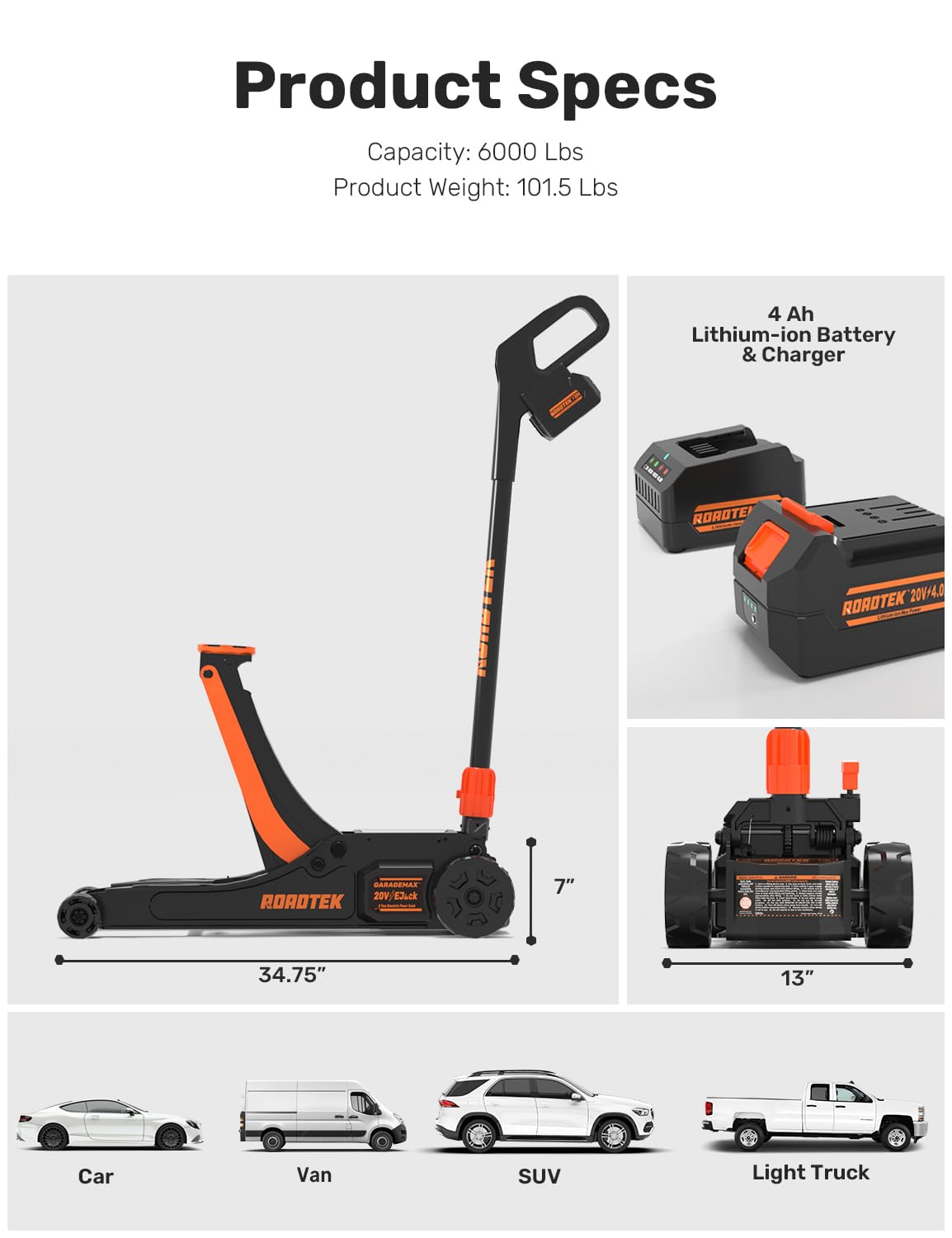 ROADTEK 3 Ton Electric Floor Jack, Low Profile Jack for Quickly Car Lift, Hydraulic Service Jack, 6000 lbs Capacity. Lifting Range 3-3/8" to 24-1/4"