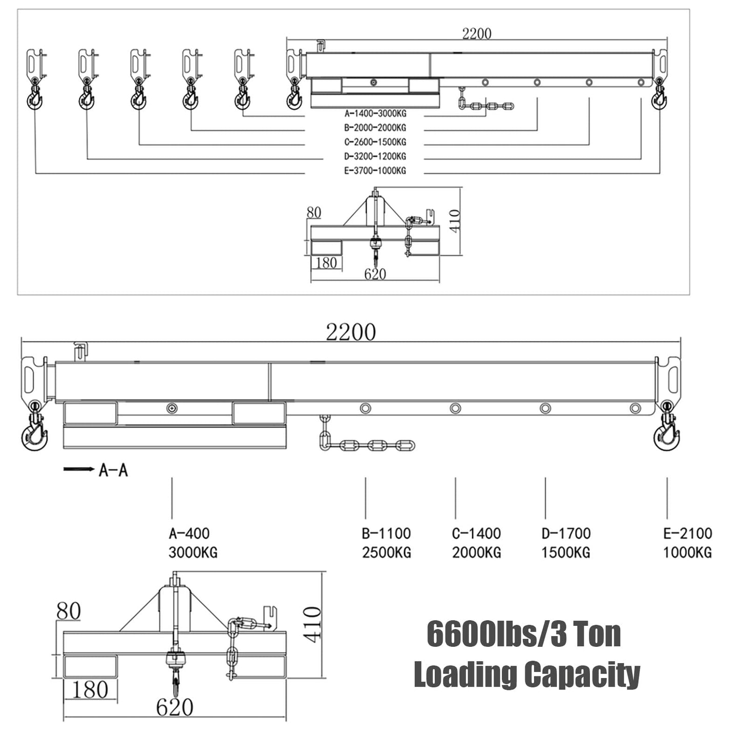 INTSUPERMAI Forklift Mobile Crane 6600lbs/3 Ton Capacity Adjustable Forklift Jib Boom Crane with Horizontally & Vertically Dual Directions Use Telescopic Arm with Truss Hoist Jib Boom and Hooks