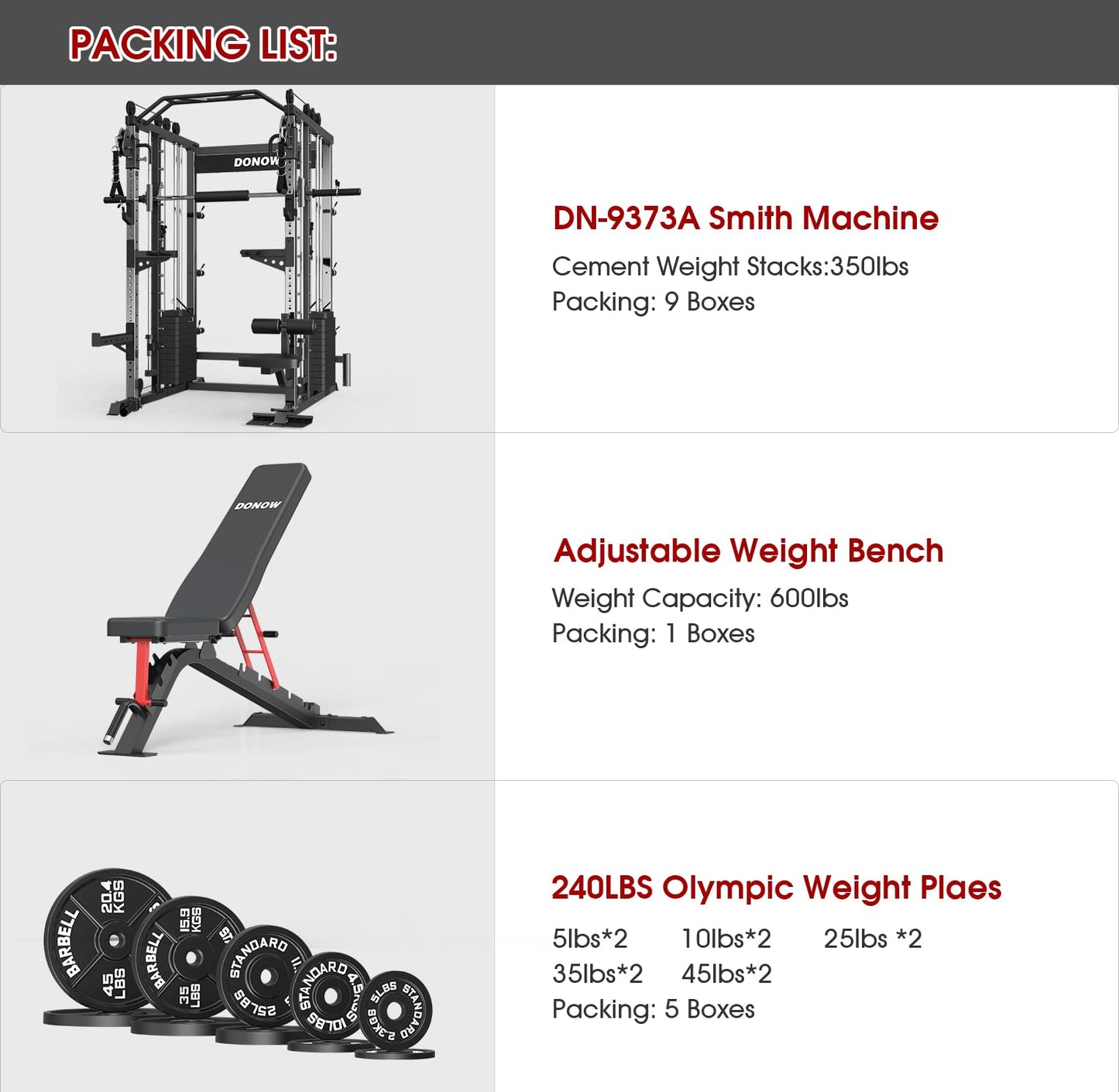 DONOW Smith Machine with Weight Stacks, Power Cage Home Gym System with LAT Pulldown Cable Crossover Multi-Functional Trainer with Dual Pulley System with Weight Bench Cast Iron Weight Plates 240lbs