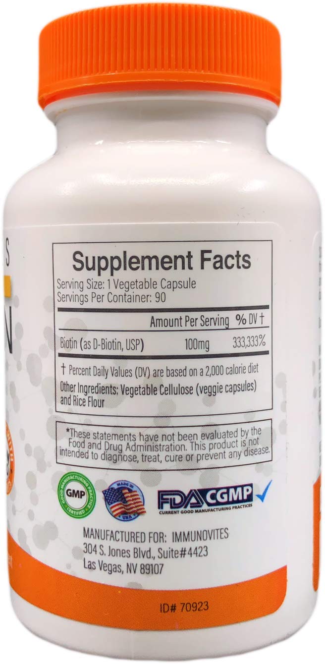 IMMUNOVITES 3-Pack High Dose Biotin (as d-Biotin, USP) 100mg (Equivalent to 100,000mcg) 90 Capsules, High Potency (3)