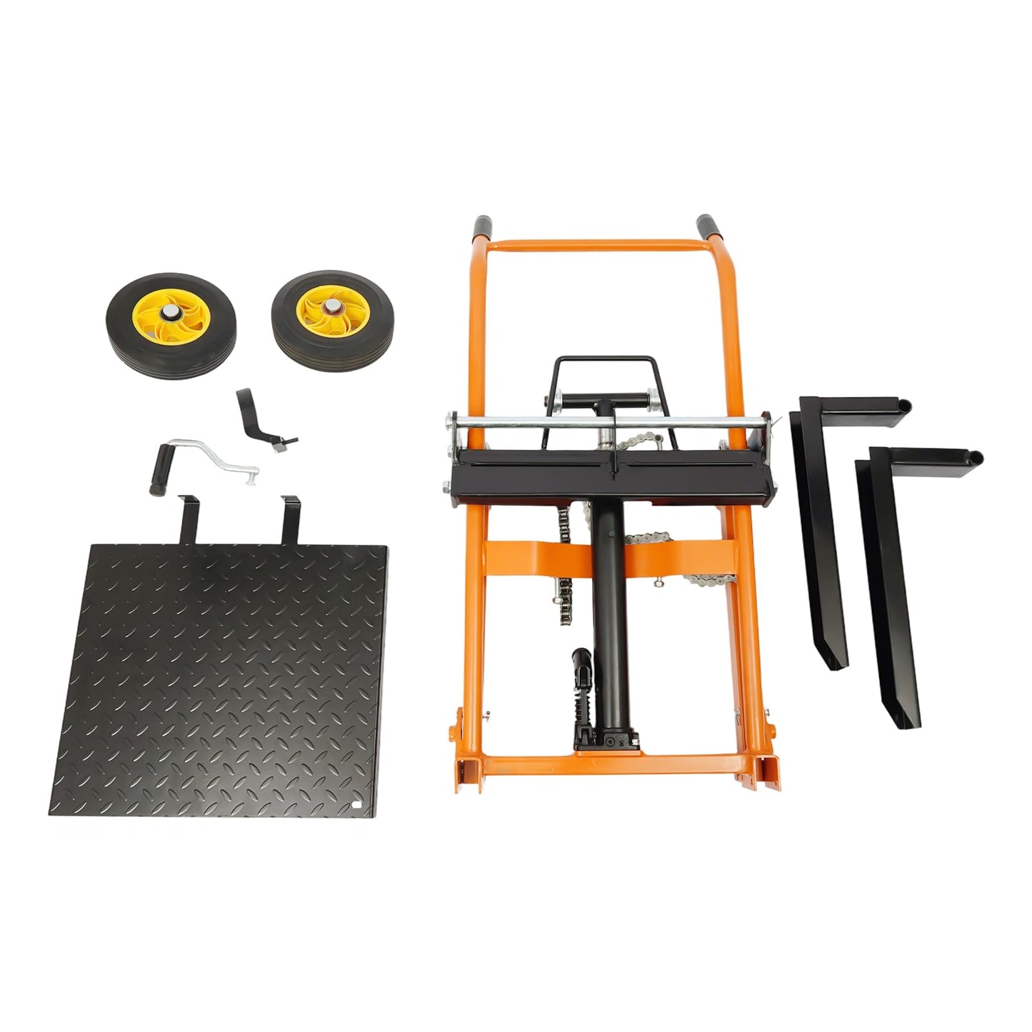 450lbs Hydraulic Material Lift Dolly Winch Stacker Pallet Jack Stacker Truck Forklift w/ 360°Rotating Casters + Lifting Plate,for Workshops, Warehouses, Factories,Height Adjustable 0-36 Inch