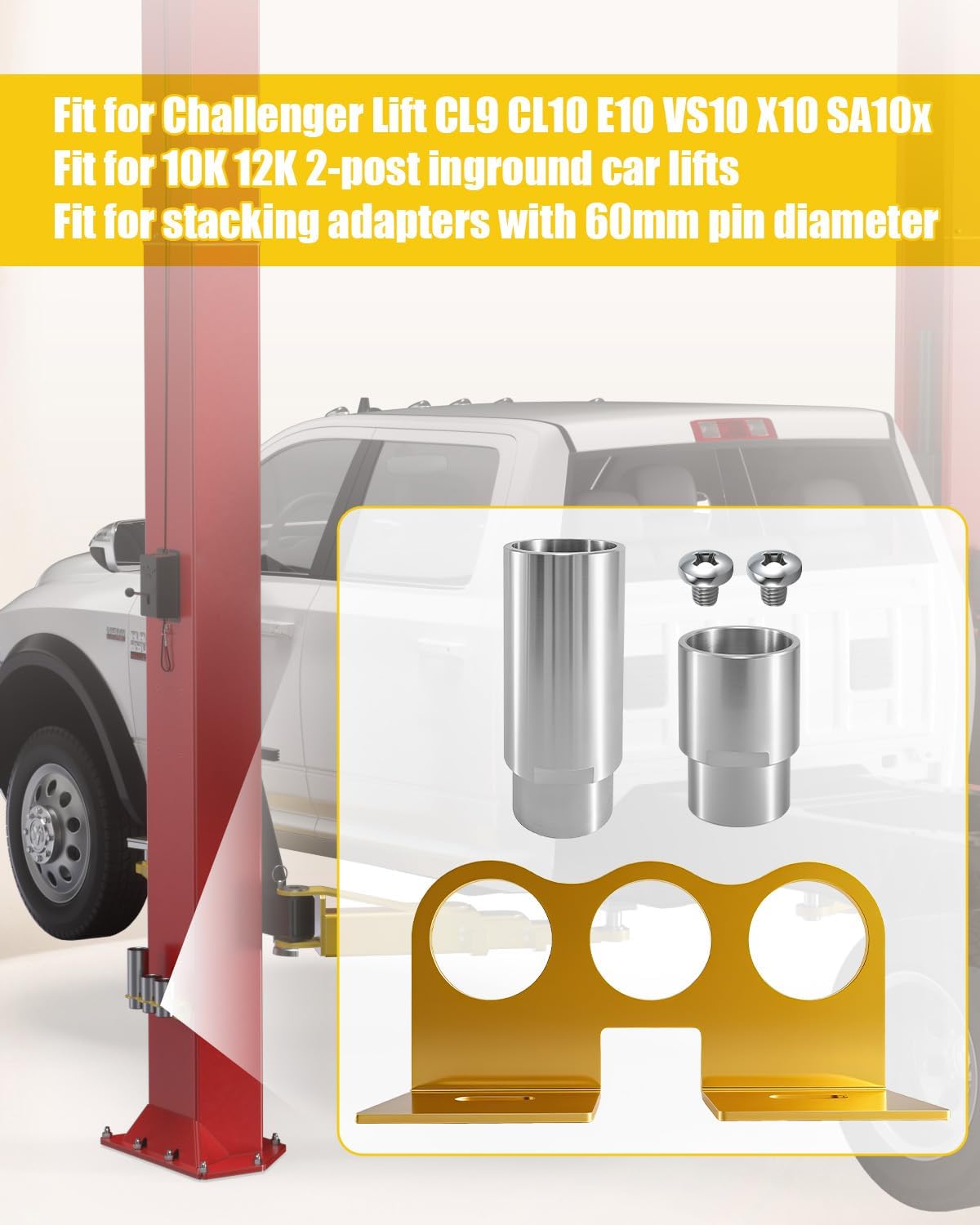 Stack Truck Adapter Kit Fit for Challenger Lift CL9 CL10 E10 VS10 X10 SA10x 10K 12K 2-Post Inground Car Lifts Replace 10315,Includes 4PC 3" and 2PC 6" Stack Adapters with Organizer 2-3/8" Pin Dia
