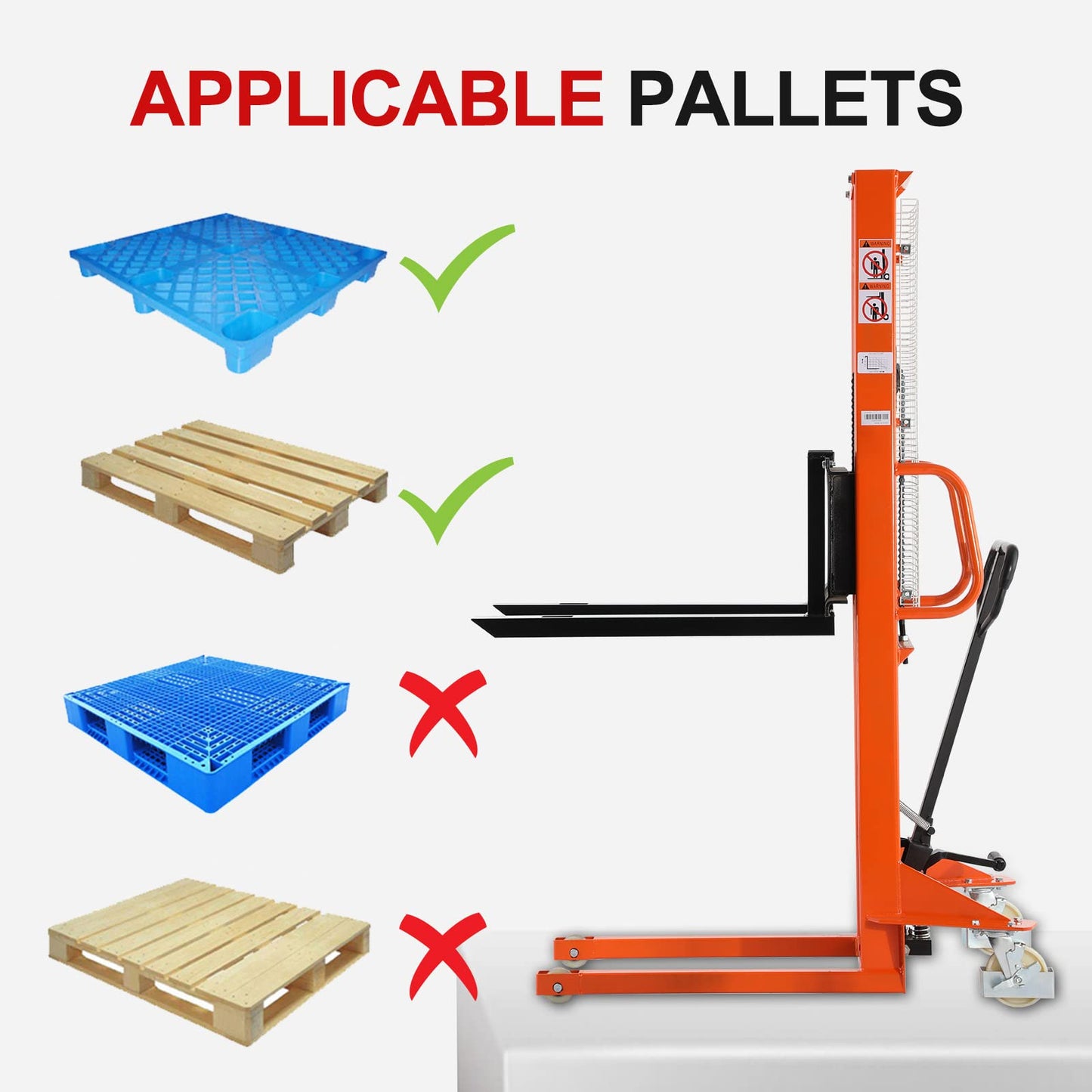 Tory Carrier Material Lift, Manual Pallet Stacker 63” Lifting Height, 1100lbs Capacity with Adjustable Forks Hydraulic Forklift Suitable for Open Bottom Pallets
