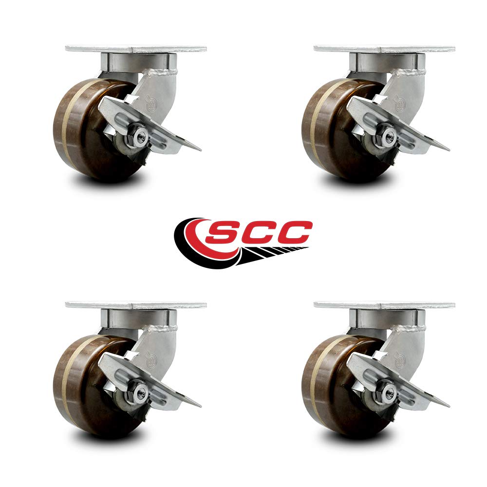 Extra Heavy Duty 6” x 3” High Temp Phenolic Swivel Caster Set for Cranes, Gantries, Hoists, and Winches - 4 Swivel Casters with Side Lock Brakes-2,000 lbs Per Caster – Set of 4 - Service Caster Brand