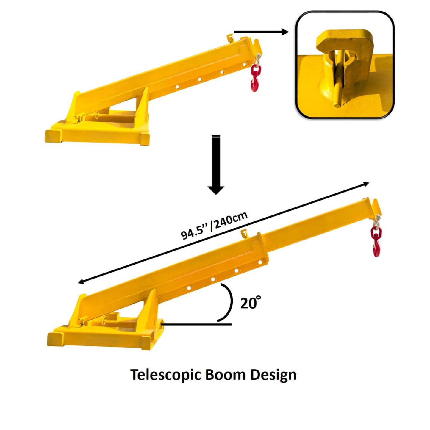 Yokoma Forklift Jib Boom Crane 8818lb Capacity Adjustable Mobile Crane Lifting Hook Hoist Pivoting Truss Jib Boom Extends 94.5in Industrial Telescopic Lift Attachments for Construction Warehouse