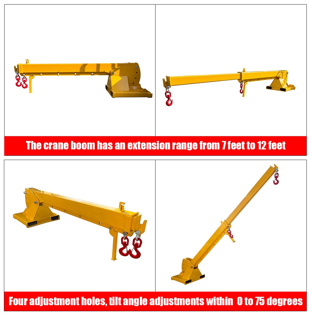 EQCOTWEA 3-Ton Forklift Jib Boom Crane Attachment, Adjustable 0-75° Tilt Angle Forklift Telescopic Arm, 7-12ft Telescopic Arm, 2 Hooks, Compatible with Forklifts & Material Handling Equipment