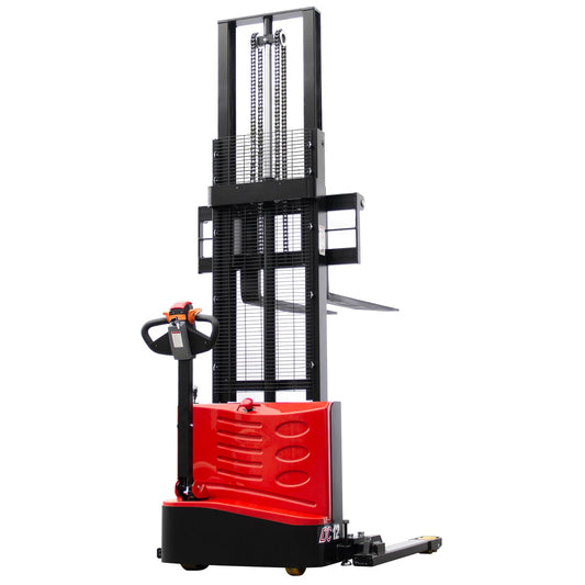 HPDMC Full Electric Pallet Stacker 118" Lifting Height Wakie Stacker Straddle Legs Material Lift with Adjustable Forks