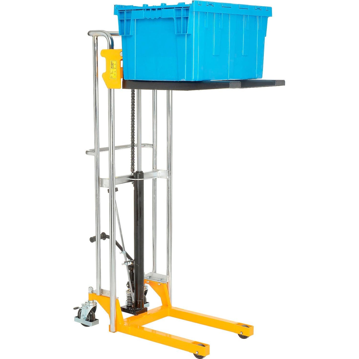 Global Industrial Manual Lift Stacker, 3-1/2" to 59" Lift, Adjustable 8-1/2" to 19-1/2"W Forks, 880 Lb. Capacity, Foot-Operated Hydraulic Pump, Yellow Powder Coat Steel Frame