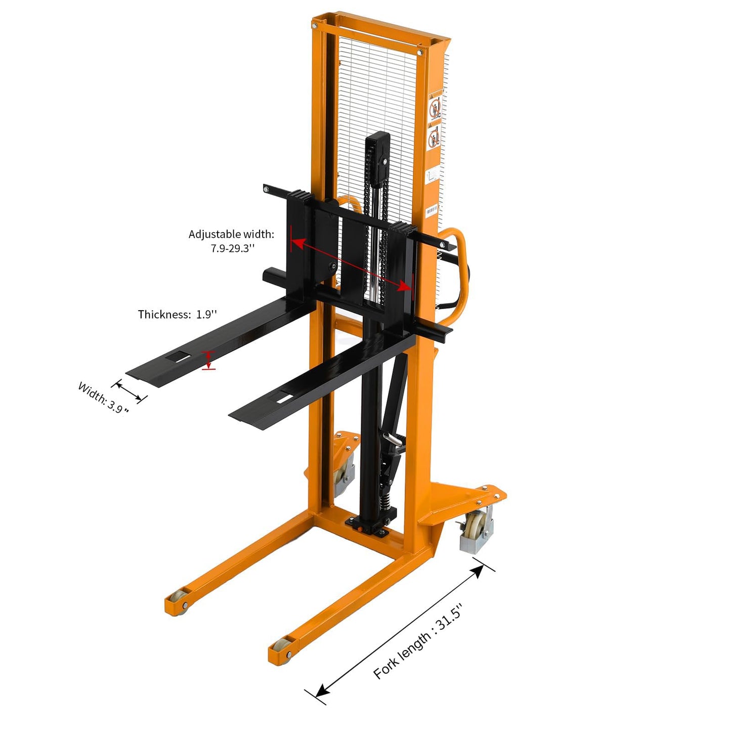 Aequanta Manual Pallet Stacker Hydraulic Hand Forklift with Fixed Legs and Adjustable Forks, 1100lbs Capacity, 63" Lifting Height for Open Bottom Pallet