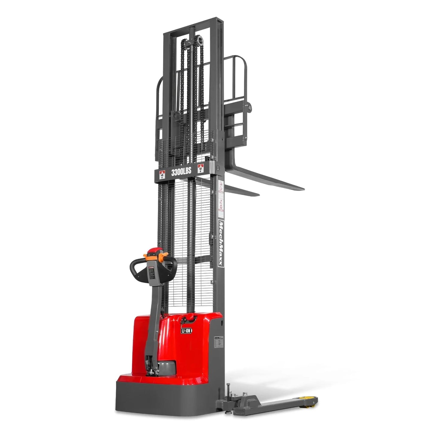 MechMaxx 3300lbs Lithium-ion Electric Straddle Stacker, 118" Lift, Adjustable Legs & Forks, Model F33-118S