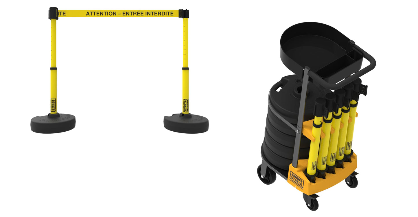 Banner Stakes Crowd Control Plus Cart Package & Accessory Tray, 75' Total Retractable Belt Barrier System - 5 Telescoping Stanchions w/ 15' Yellow "Attention - Entrée Interdite" Banners (PL4144T)