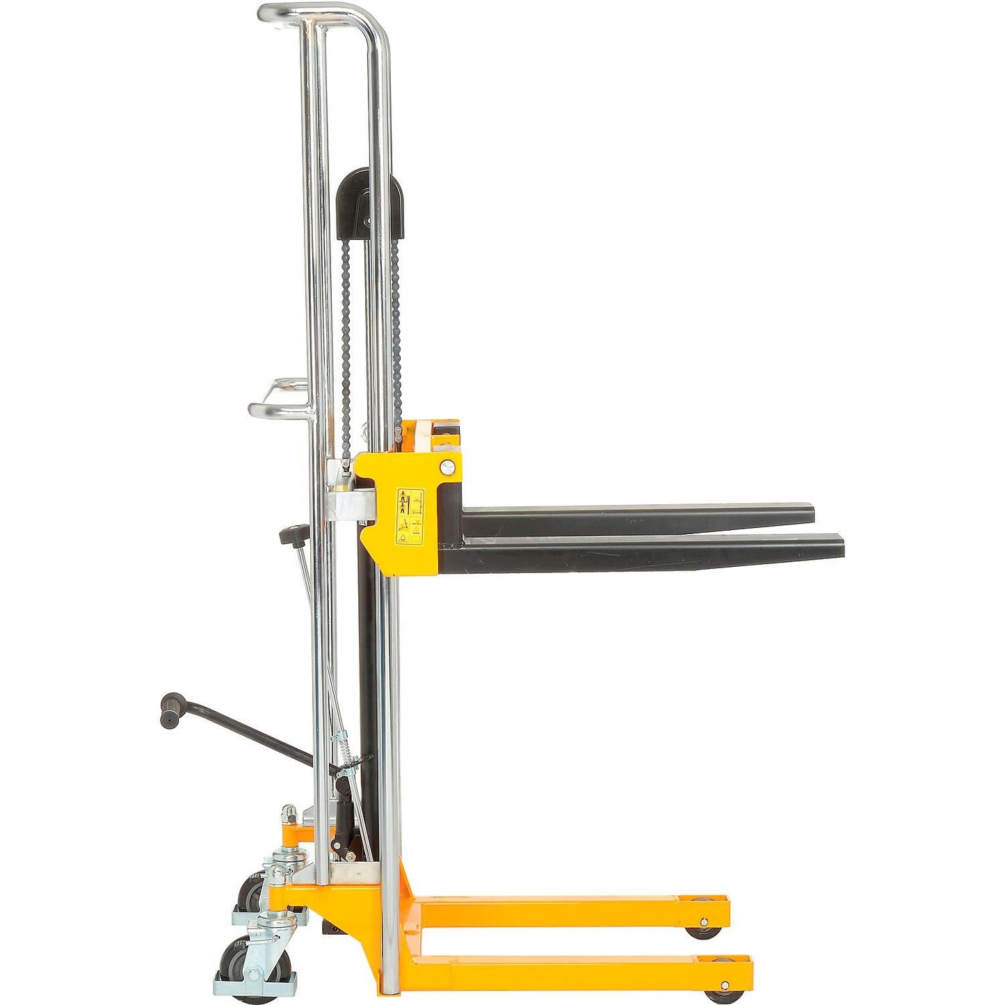 Global Industrial Manual Lift Stacker, 3-1/2" to 59" Lift, Adjustable 8-1/2" to 19-1/2"W Forks, 880 Lb. Capacity, Foot-Operated Hydraulic Pump, Yellow Powder Coat Steel Frame