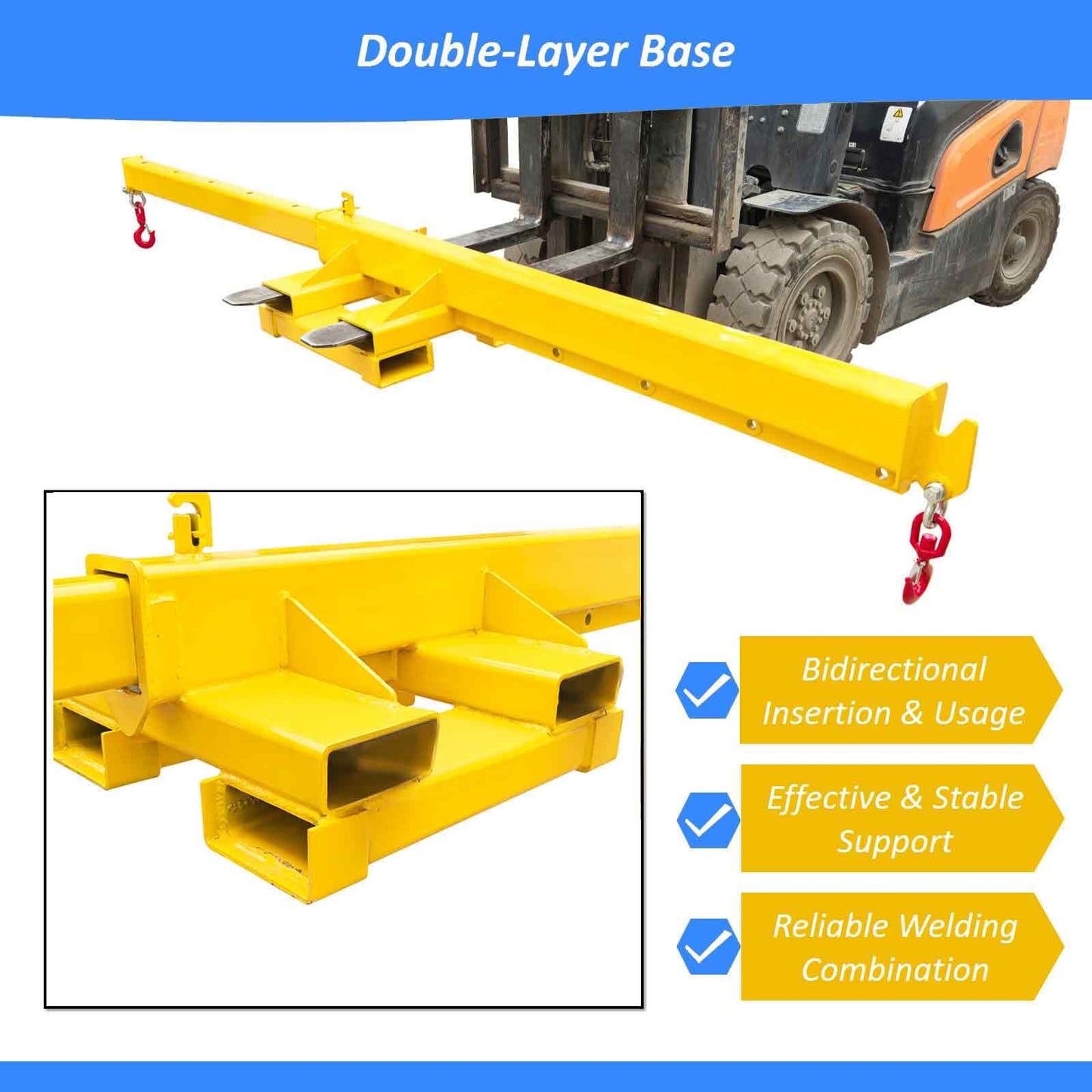 BEILOCKERY Forklift Jib Crane 4400lbs/2 Ton Capacity, Telescopic Boom with Transverse & Longitudinal Direction, Adjustable Mobile Hoist with Truss Boom & 2 Hooks, Max Reach 145.2 Inches