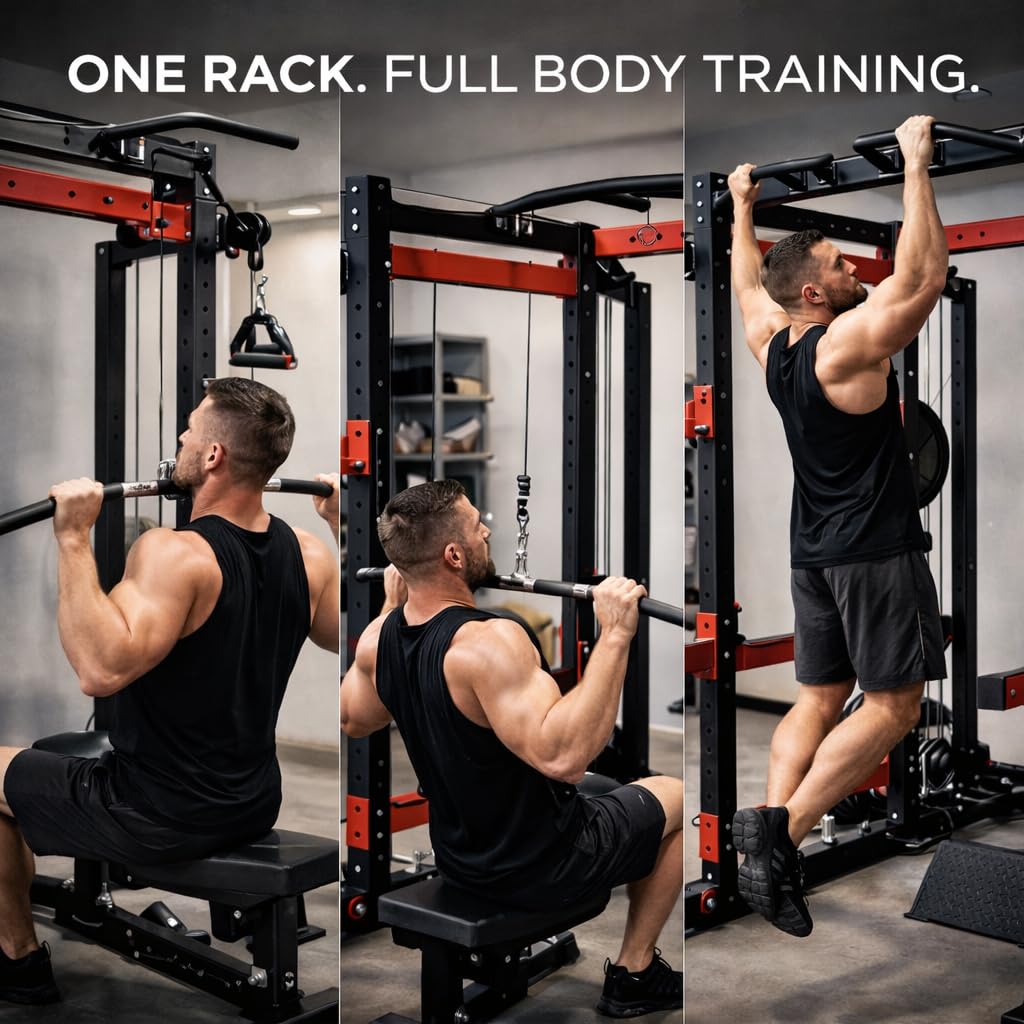 Ckajuoau Smith Machine Black and Red, 3500 lbs Capacity, Alloy Steel and Aluminum, 68" W x 65" D x 90" H, Dual 176 lb Weight Stacks with Cable Crossover