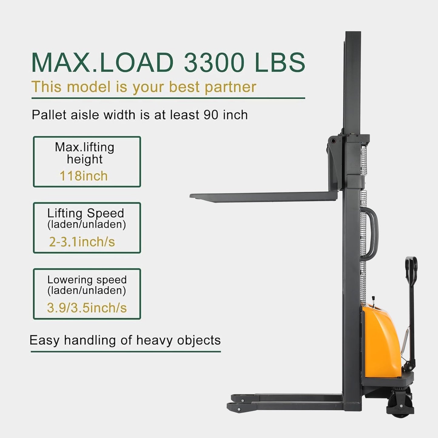 Tory Carrier Semi-Electric Pallet Stacker, Pallet Forklift with Fixed Legs & Straddle Forks 3300lbs Load Capacity 118" Max. Lifting Height, Material Lift Adaptable for Euro Pallets