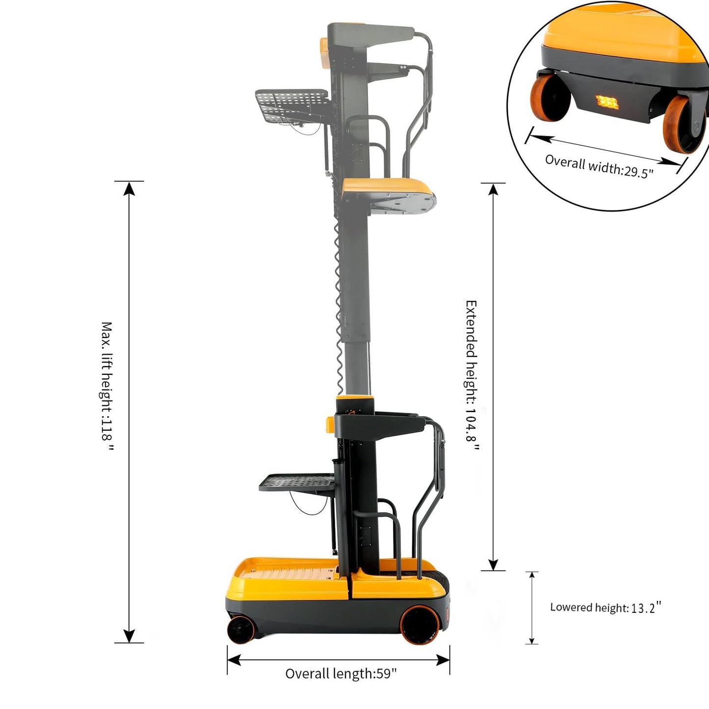 ToryCarrier Mini Order Picker High Powered Electric Platform Forklift Lift Max Reachable Height 197 inch, Max Lift Height 118" with Load Tray 200lbs. Capacity